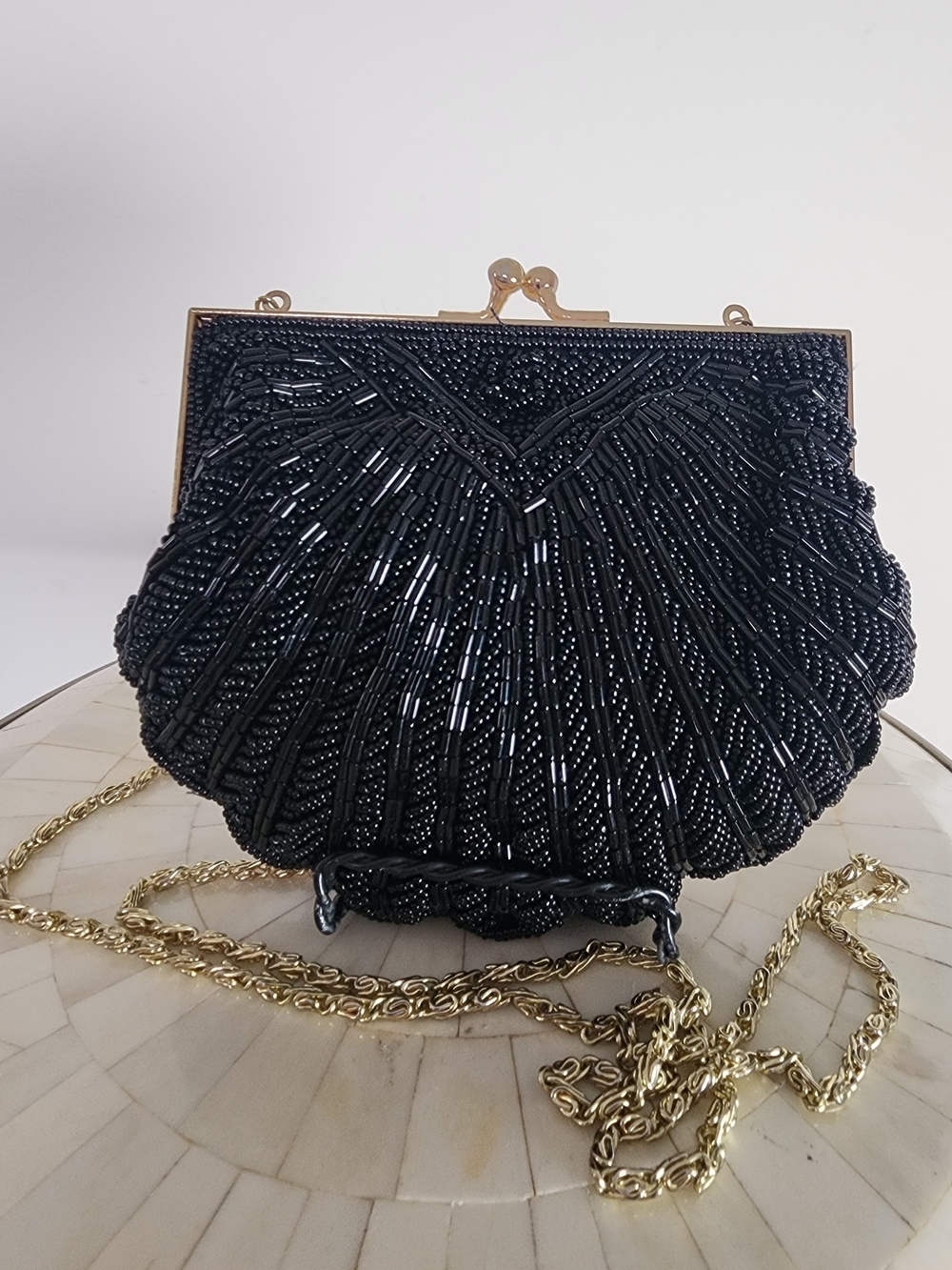 Vintage Walborg Black Beaded Shell Clutch with Gold Chain